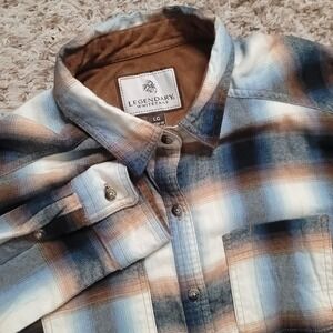 Legendary Whitetails Plaid Flannel Shirt Mens L Blue Brown Rayon Blend POLW-2276